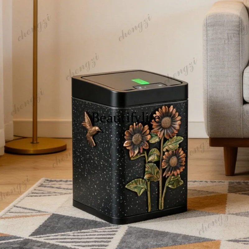 Intelligent induction trash can European retro home living room kitchen bedroom creative light luxury electric open lid