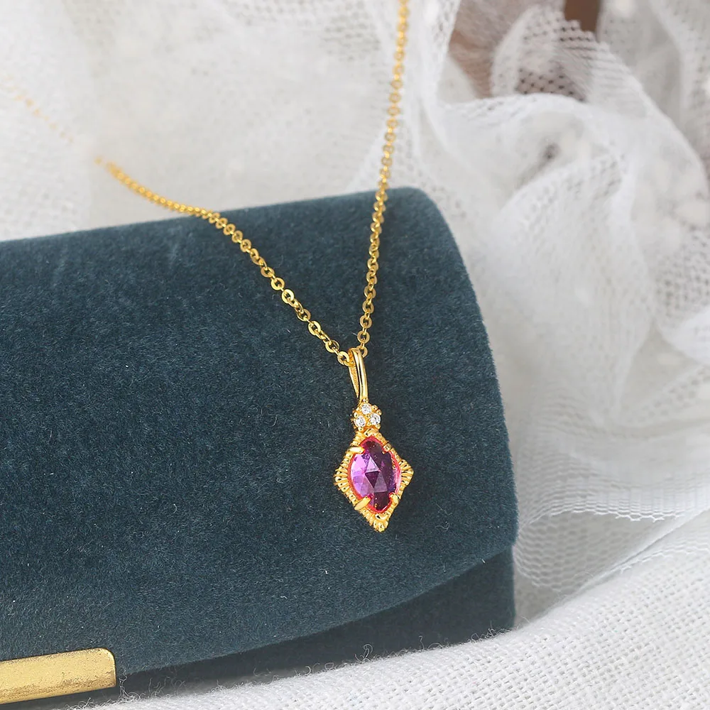 LAMOON Vingate Princess Necklace For Women S925 Silver Pendant Necklace Synthetic Corundum 14K Gold Plated Fine Jewelry LMNI107