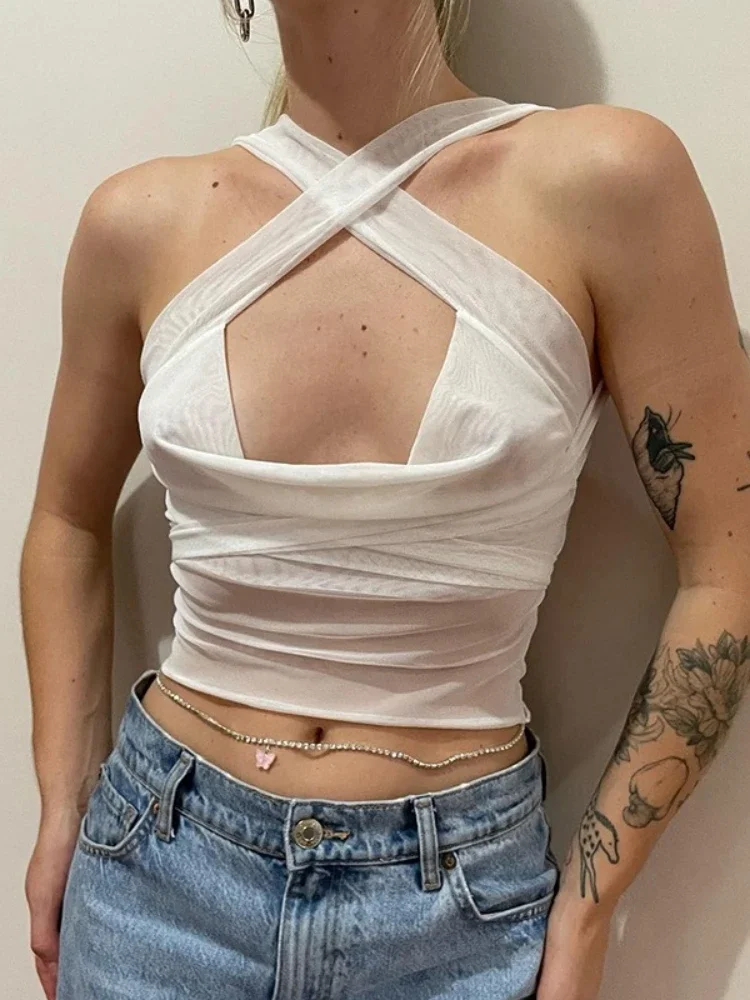 Transparent Mesh Halter Top Neck-mounted Crop Top Women Edgy Clothes Y2k Accessories Backless Camison Verano Cute Top Ropa Mujer