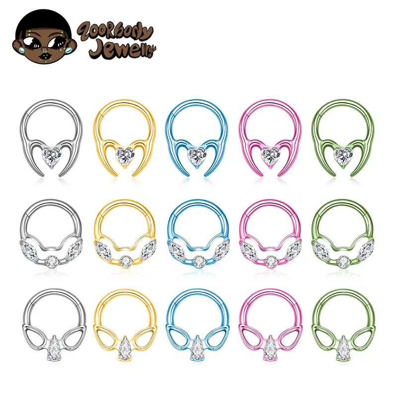 

ZOOR ASTM F136 TItanium with Heart CZ Hinged Piercing Clicker Nose Rings 16G Punk Septum New Ear Cartilage Tragus Helix Earring