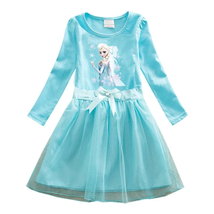 

MINISO Frozen Children's Clothing Spring and Autumn Frozen Girls Dress Cartoon Cotton Girls Elsa Princess Dress Mesh Skirt