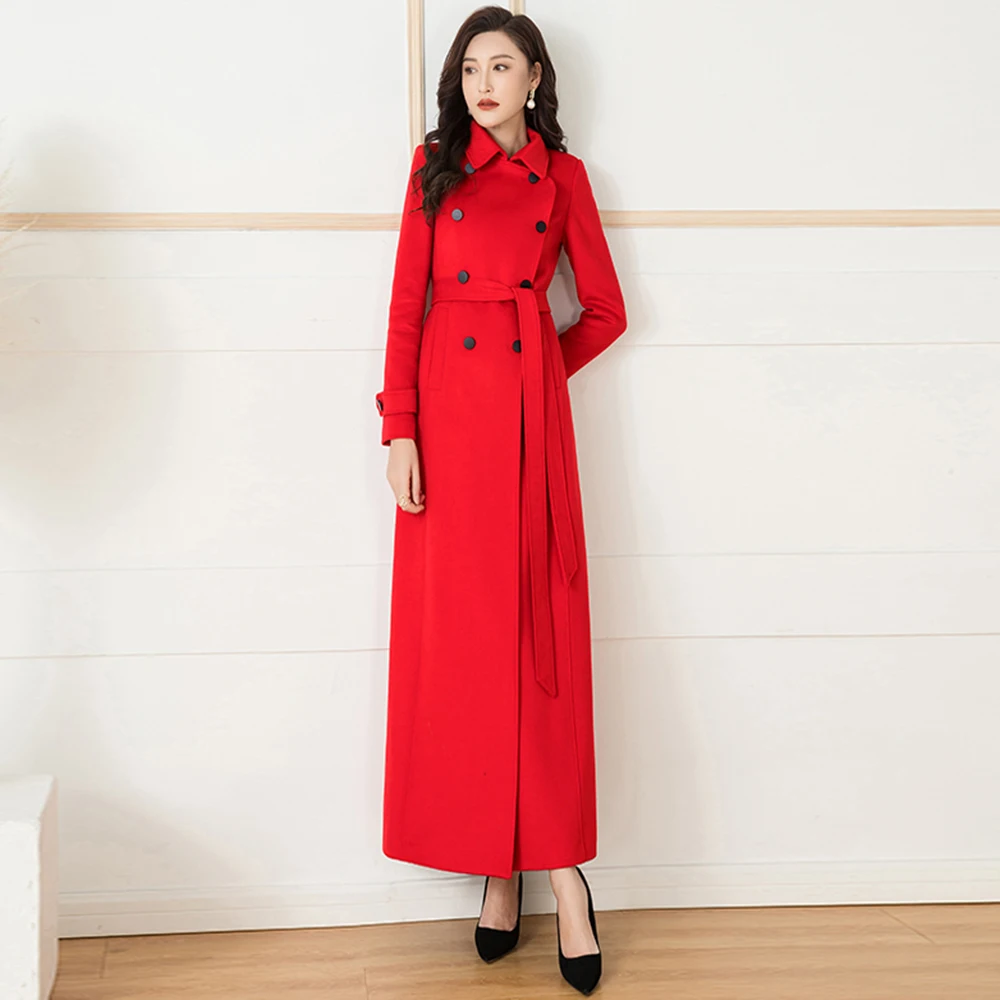 

New Women Woolen Coat Autumn Winter Fashion Hepburn Style Belt Slim Long Wool Blends Overcoat Vintage Red Overlength Coat Female