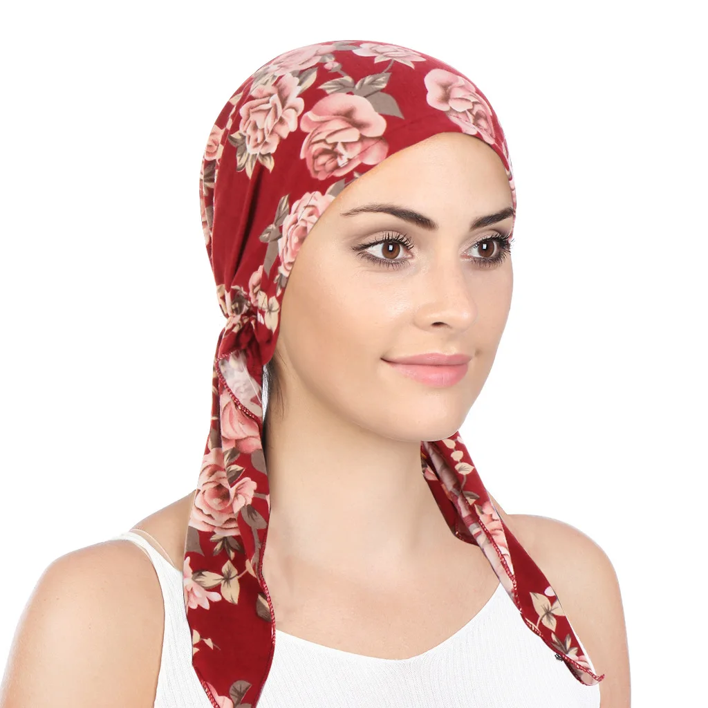 Trendy Print Muslim Hijab Caps Wrap Head Soft Elastic Long Tail Turban Bonnet Fashion Women Headdress Wearable