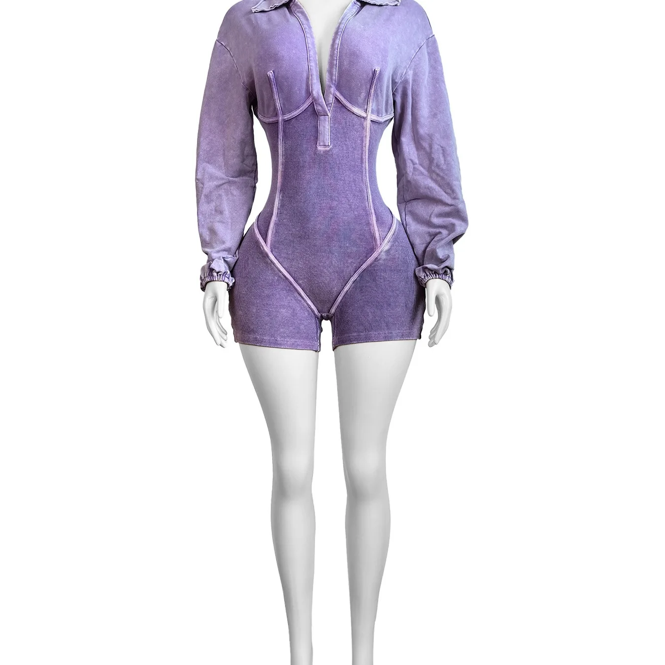 

Washed Vintage Fitted Jumpsuit Deep V Collar Long Sleeve Jumpsuit Sexy Bodycon Slim Jumpsuit Euro Casual Chic One Piece