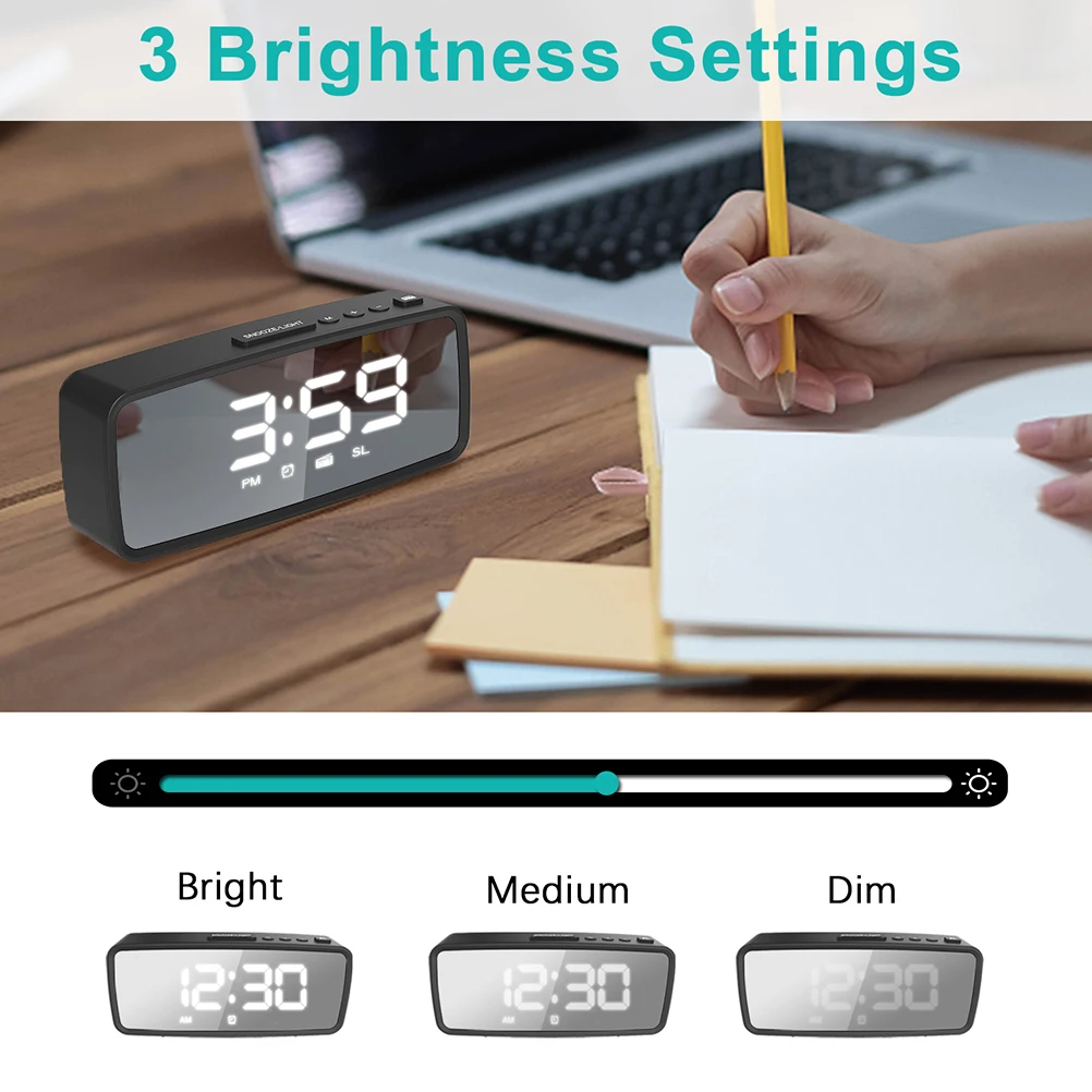 

1Set Radio Mirror Surface LED Alarm Clock Digital Electronic Simple Desktop Clock Multi-Function Bedroom Display