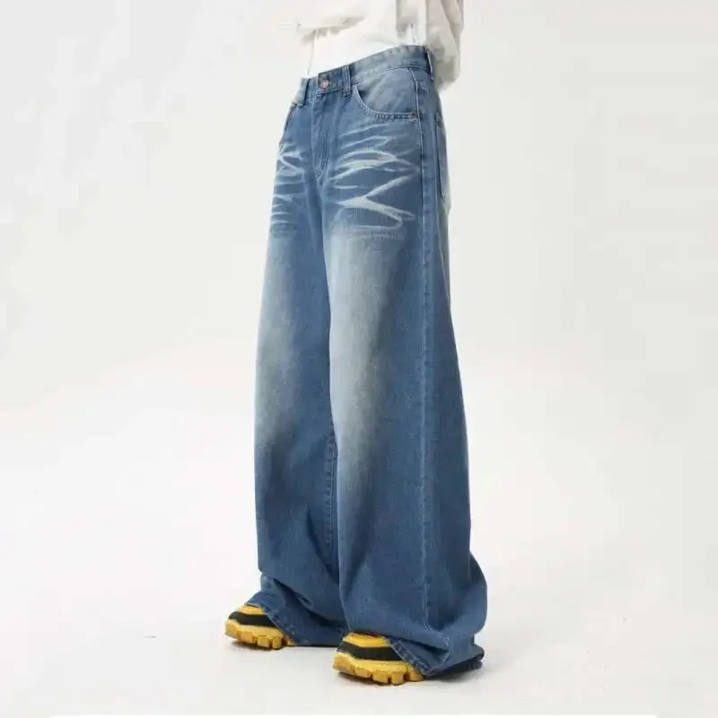 Calças de brim masculinas de rua alta novo verão lavado com água dobrado drapeado perna larga na moda calças jeans primavera casual em linha reta