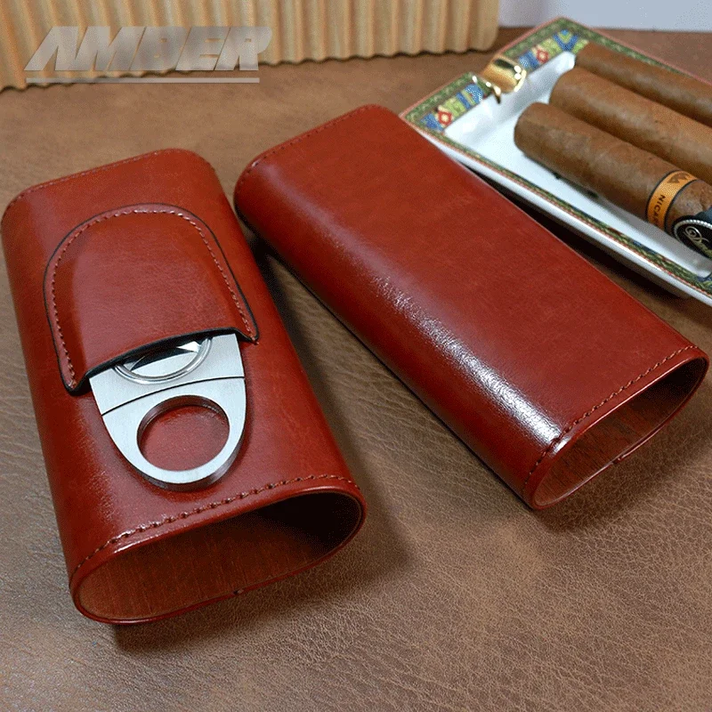 Cigar Case 3- cigars tubes Leather  Travel Portable Humidor with Cedar Wood Lined with Stainless Steel Cigars Cutter