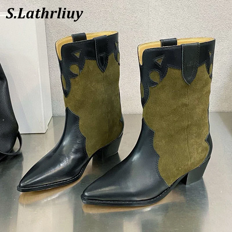 

Autumn Winter Mixed Color Patchwork Chelsea Botas Women Pointed Toe Mid Heels Ankle Boots British Style Chunky Heels Short Botas