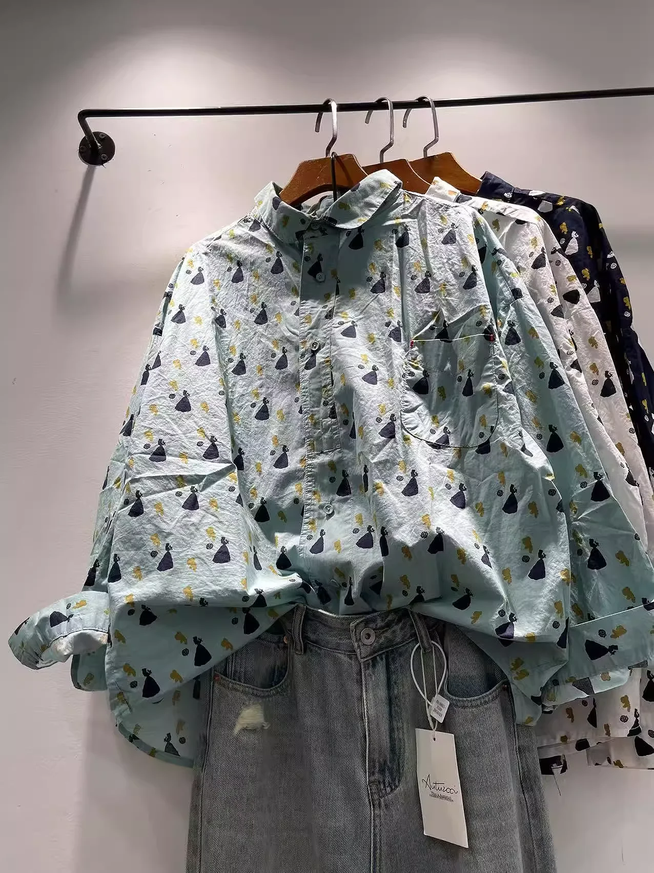 Japanese vintage clothes 100% cotton autumn women shirts plus size tops cartoon dancing girl print long sleeve blouses