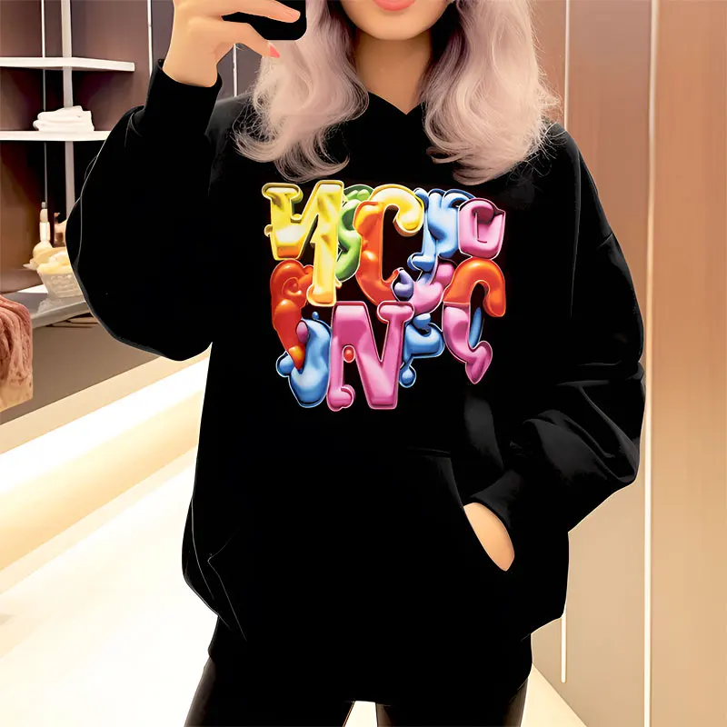 Chun yu yin jia Designer Chic high Street quality luxury brand letters Pattern 3D Print Black Hoody Women Hoodies