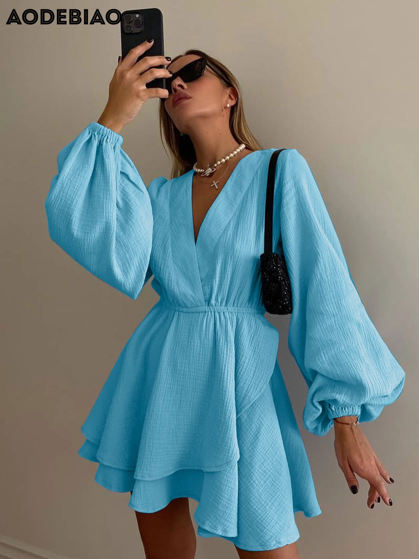 

AODEBIAO Autumn A-LINE Dress Women Elegant Party Fashion Puff Sleeve Mini Dresses Long Sleeves V-Neck Sexy Slim Female New Dress