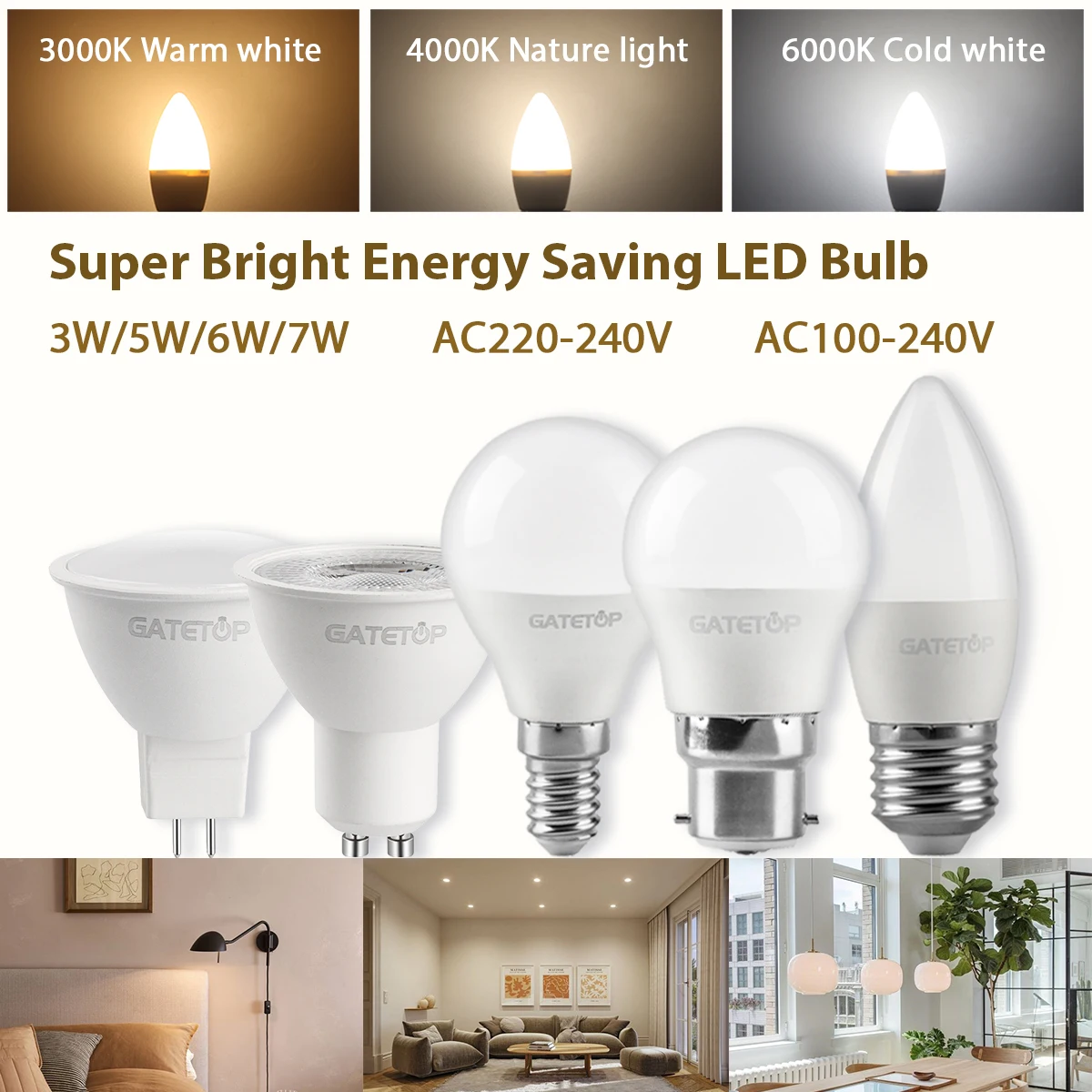 

5 шт., светодиодные лампы GU10 GU5.3 E27 B22 E14 для освещения дома и гостиной