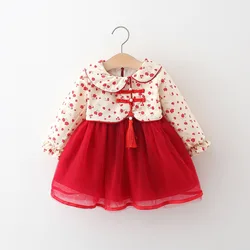 Spring And Autumn New Retro Style Baby Girl Little Floral Dress, Christmas Party Children'S Long Sleeve Clothes (9 Months -3 Yea