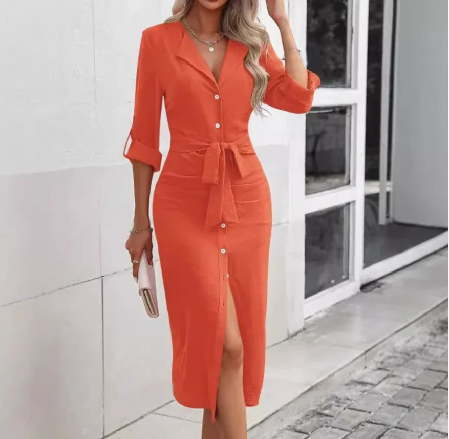 

Dress for Women New Solid Color Lapel Waist Cinching Lace Up Temperament Slit Dresses Fashion Versatile Long Skirt Autumn 2024