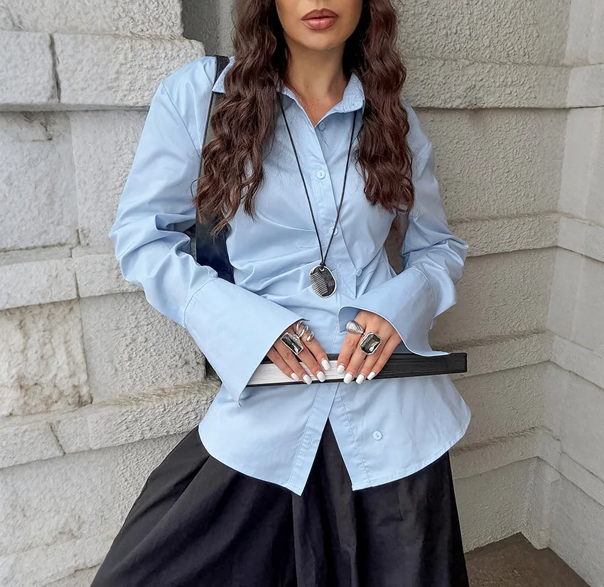 

Trendy Women's Shirts Solid Color Spring Autumn Fashion Loose Clothing Pure Cotton Splicing Long Sleeves Slim Lapel Waist Tops