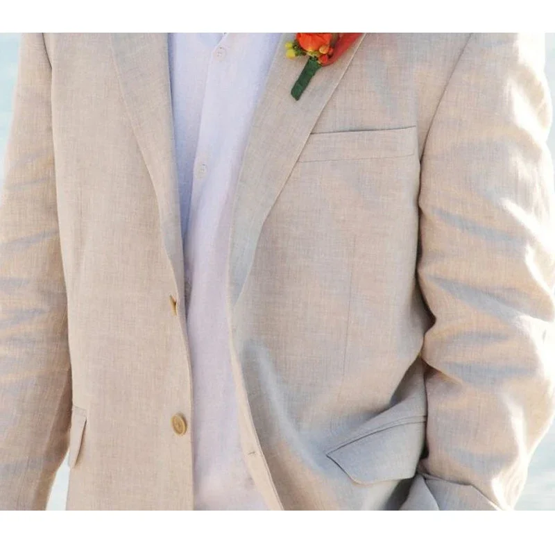 Leinen-Herrenanzüge für Sommer, Strand, Hochzeit, 2-teilig, Jacke im amerikanischen Stil mit Hose, maßgeschneiderter Bräutigam-Smoking, männliche