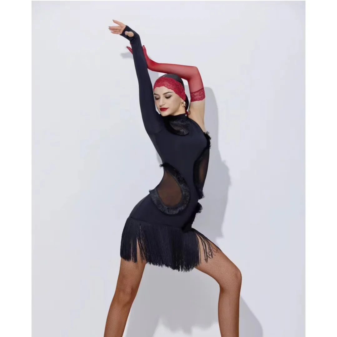 

UK Latin dance costume women black velvet long sleeve turtleneck fringe dress for exam & performance Ballroom dance costumes