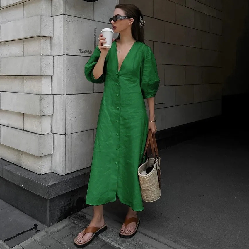 

BKLD 2025 French Y2k Clothes Women Cotton And Linen V-Neck Puff Sleeve Backless Lace-Up Dress Autumn Winter New Long Dresses