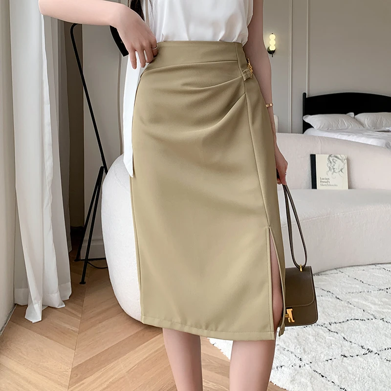 

Ladies Elegant Fashion Medium Long Split Hem OL Black Skirt Women Clothes Girls Cute Skirts Chic Casual Clothing Py8756