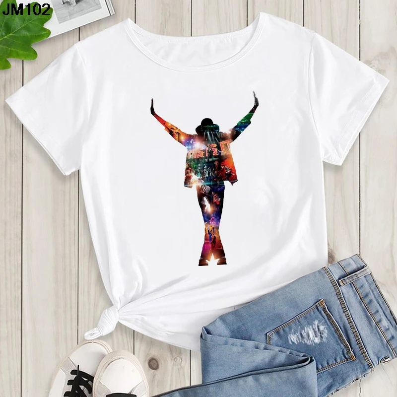 Women's Summer Shirt Pop King Michael Jackson Women's Printed Shirt Harajuku Casual White Top Women's Trendy Rock Shirt