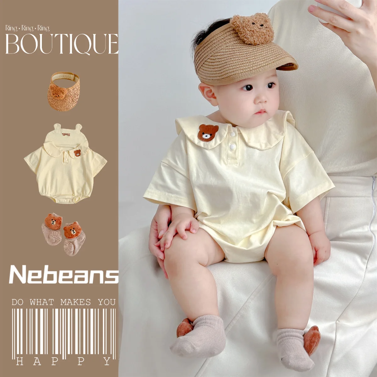 

2024 New Cute Cotton Loose Summer Boy Girl Onesie Beige Bear Korean Baby Photography Outing Clothes Baby Clothes 0 To 24 Months