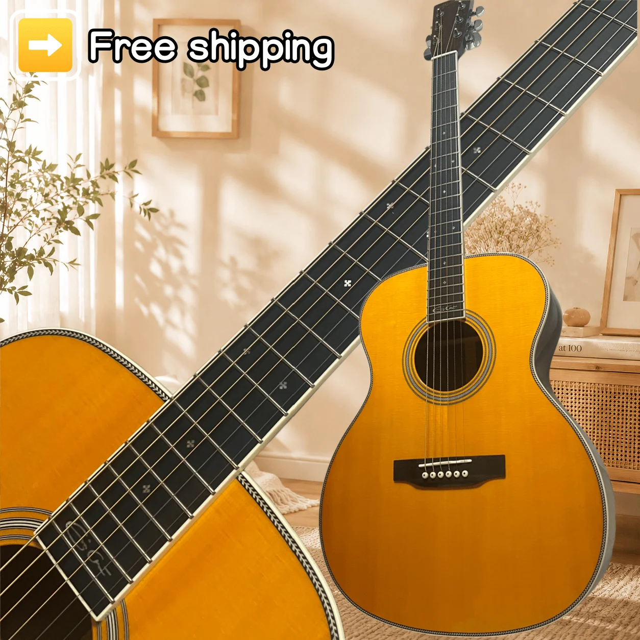 USA Domestic Delivery Warm Yellow OM28 Signature Folk Guitar Solid Spruce Premium Rosewood Body 6 Strings Balanced Mid Tone Fingerstyle Signature Collector Guitar Free Shipping Starter Present Flash Promotion