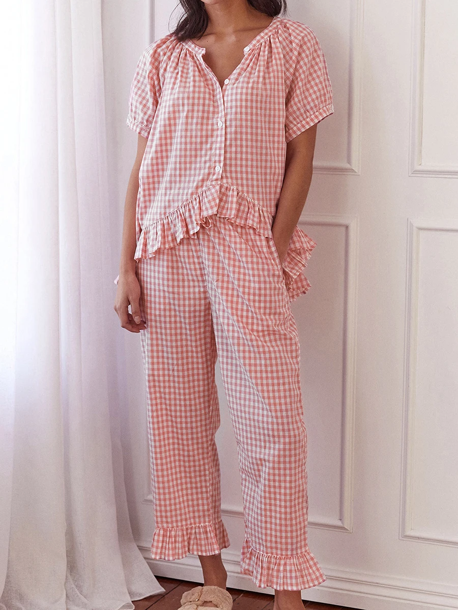 

Women’s 2 Piece Pajama Set Short Sleeve Plaid Print Button Up Shirt Ruffle Pants Set Sleepwear Loungewear