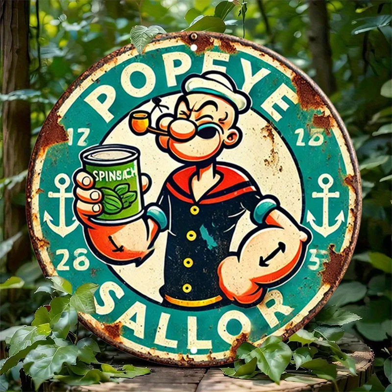 Vintage Sailor-Themed 8x8 Inch Round Wall Art - Rustic Aluminum Metal Sign with Cartoon Sailor & Anchor Design, Perfect for Home