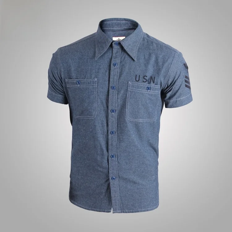 

Naval W Retro Blue Denim Cotton Men's ort Sve irt Youth Faion Workwear Stand Fit Summer Seasonal irt