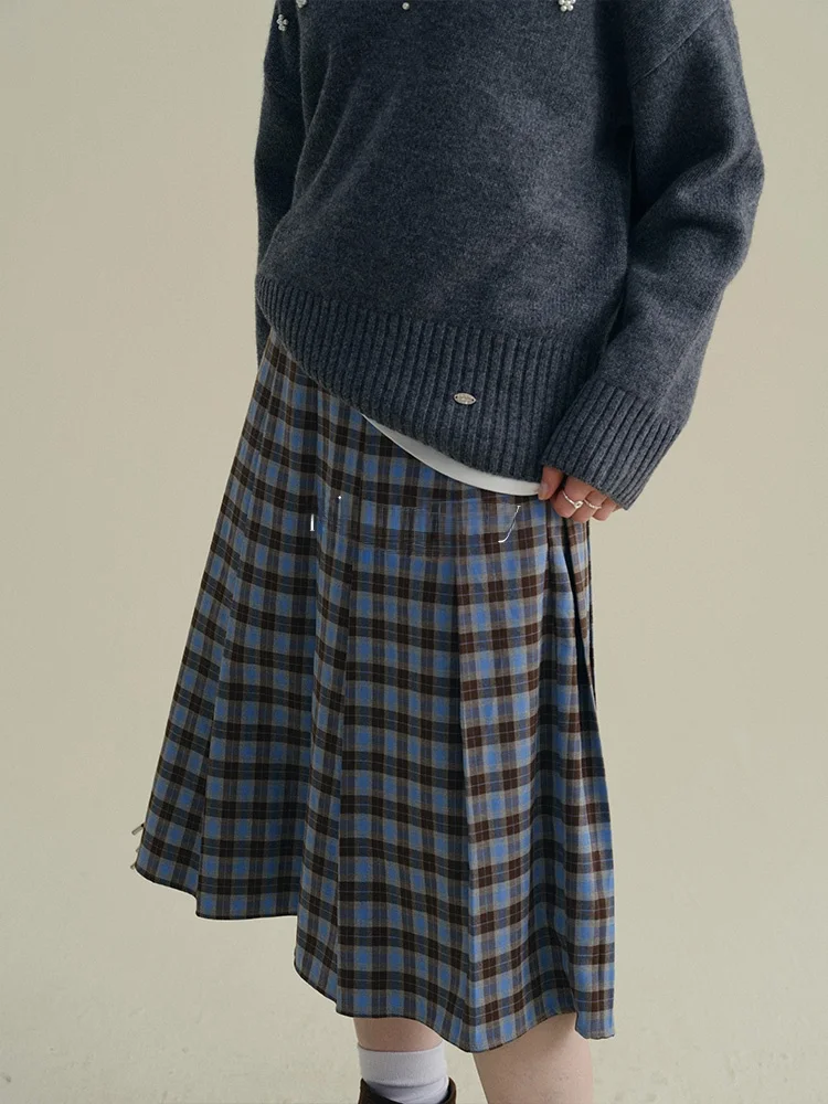 

Rina Berry High Waist Plaid Skirt Midi Length Color Block Winter Fashion A-Line Skirt for Petite Women