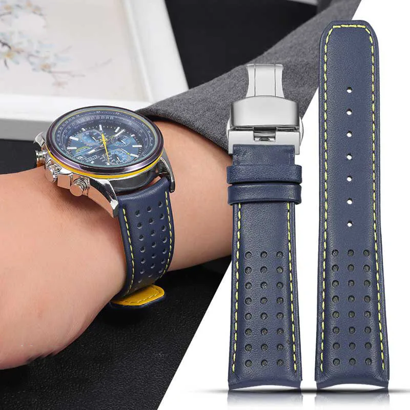 cowhide watch strap For CITIZEN Blue Angel Radio Wave Watch band AT8020-54L/8020-03L/JY8078 curved end Yellow 22 23mm bracelet