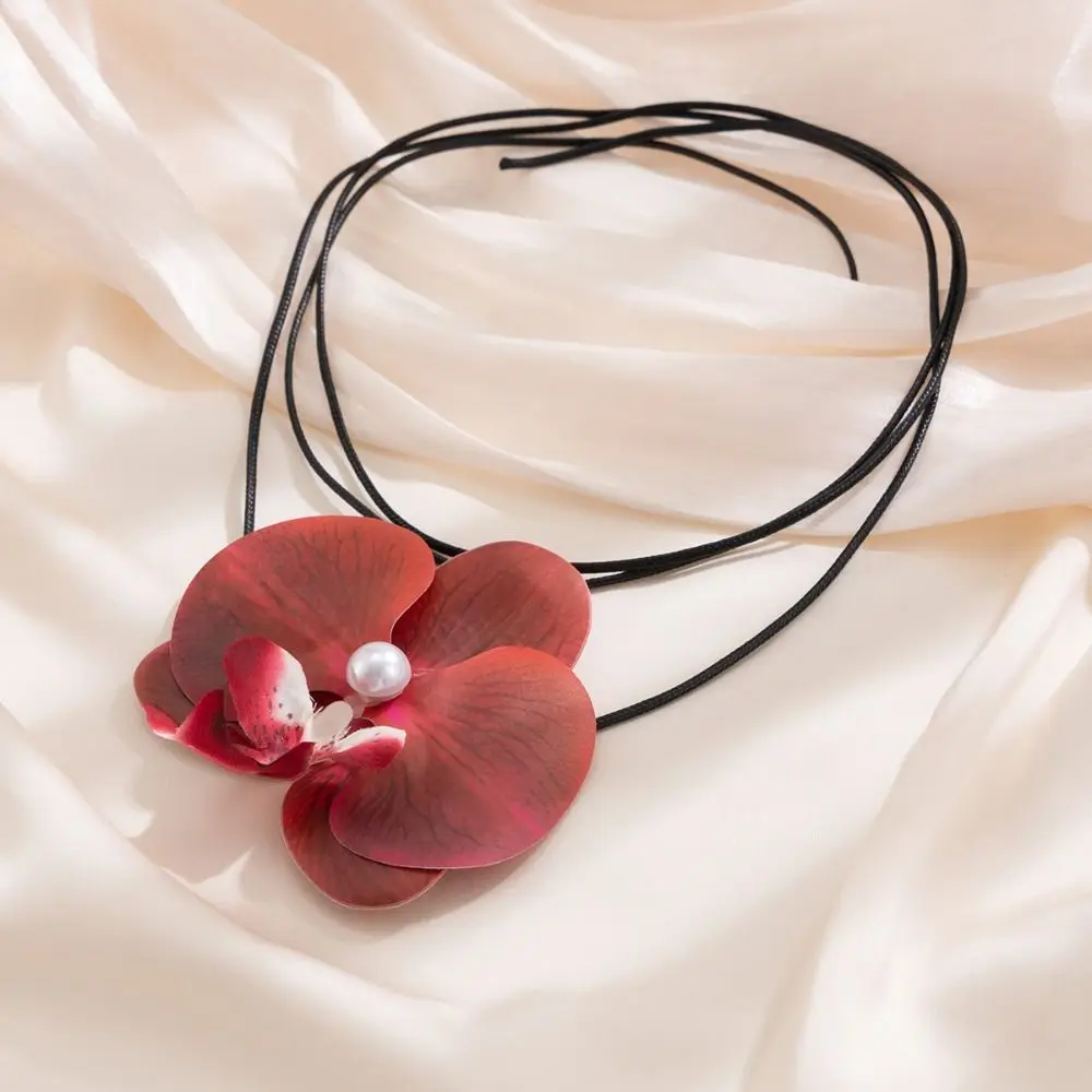 Lace Up Butterfly Orchid Clavicle Chain Pearl Colorful Phalaenopsis Flower Necklace Adjustable Rope Y2K Accessories