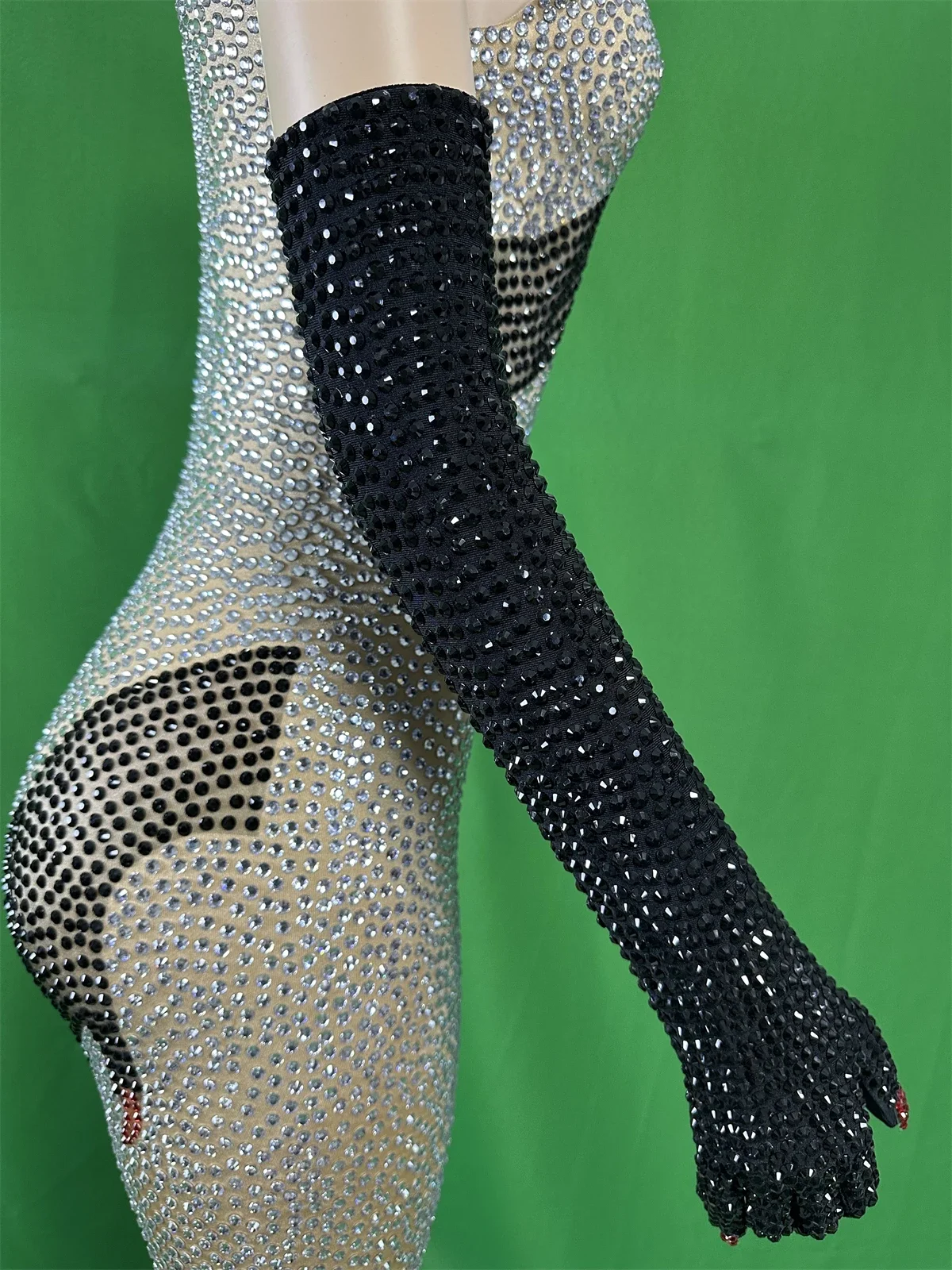 Guantes largos glamorosos negros con diamantes de imitación para mujer, accesorios elásticos de LICRA para club nocturno, escenario nocturno, cantante, fiesta