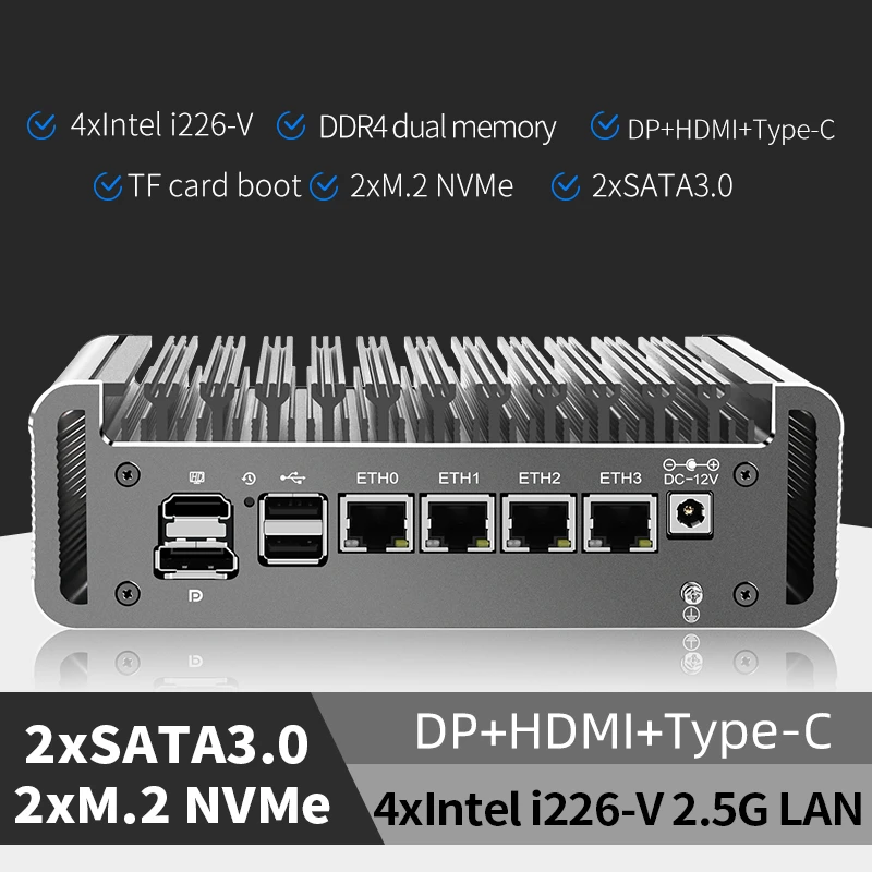 12th Gen Intel Fanless Soft Router Celeron J6413 4x i226-V 2.5G LAN 2*NVMe 2*SATA ESXi AES-NI Firewall Mini PC Proxmox Computer