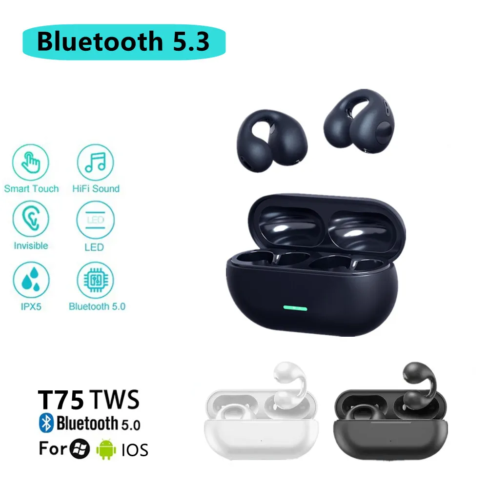 Yeni T75 kulak-klip Bluetooth kulaklık kemik iletim kulaklık kablosuz kulaklık 3D Surround Stereo bas spor mikrofonlu kulaklık