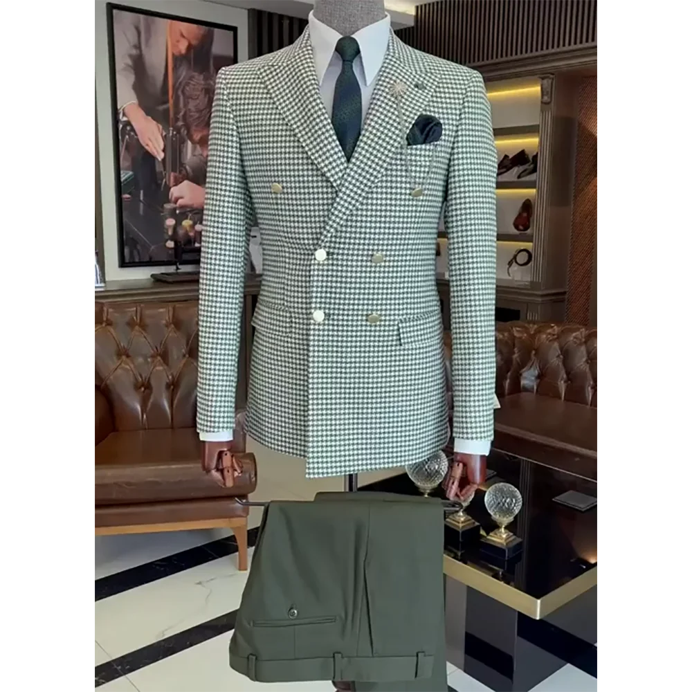 

Stylish Houndstooth Men Suits Peak Lapel Formal Set 2 Piece Double Breasted High Quality Business Casual Office Wedding Suit