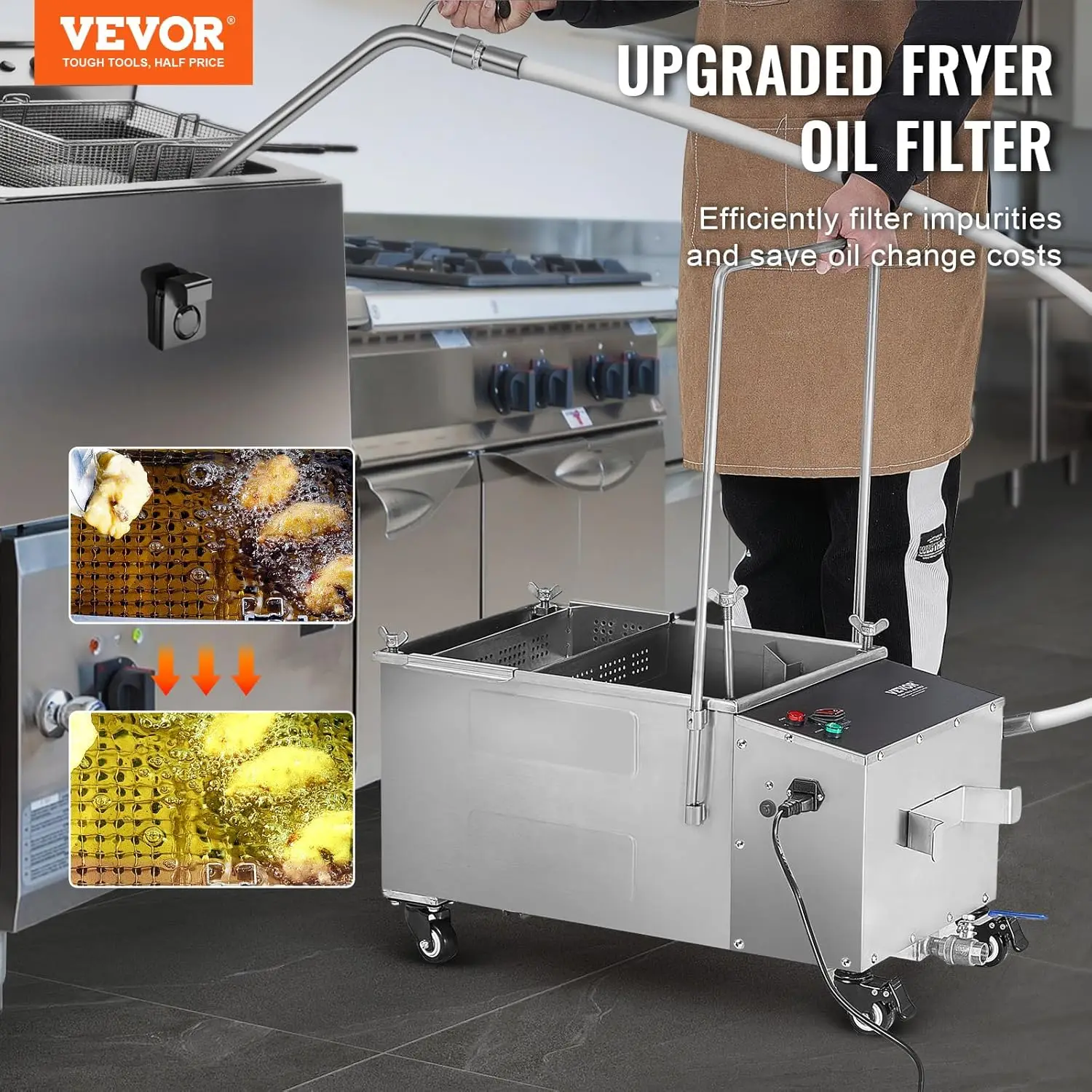 Mobile Fryer Filter, 38L Oil Tank Capacity, Oil Filtration System with 10 L/min Oil Filtration Speed