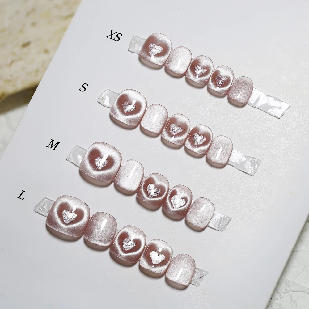 10Pcs Pink Cat Eye Children's Press on Nails Kids Macaron Color Fake Nails Tips Girl Full Cover Short False Nails