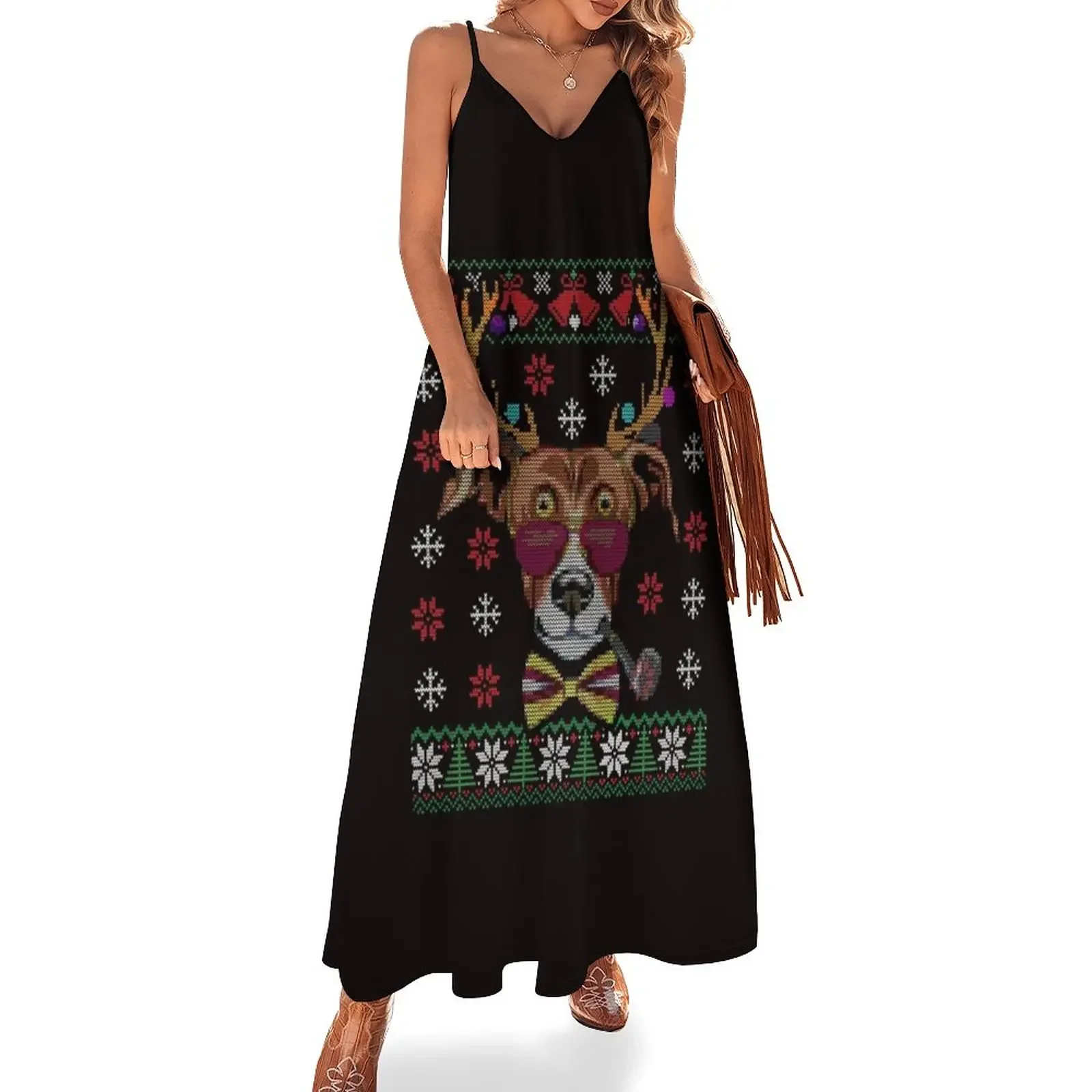 

Hipster Greyhound dog with Antlers Christmas Ugly Sweater Sleeveless Dress beach dresses summer dresses women 2024