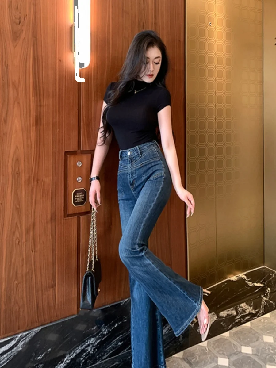 

Джинсы женские с высокой талией, стрейч, облегающие, сексуальные, удлиненные, темно-синие, микро-клеш, из модного хлопкового стрейч-денима