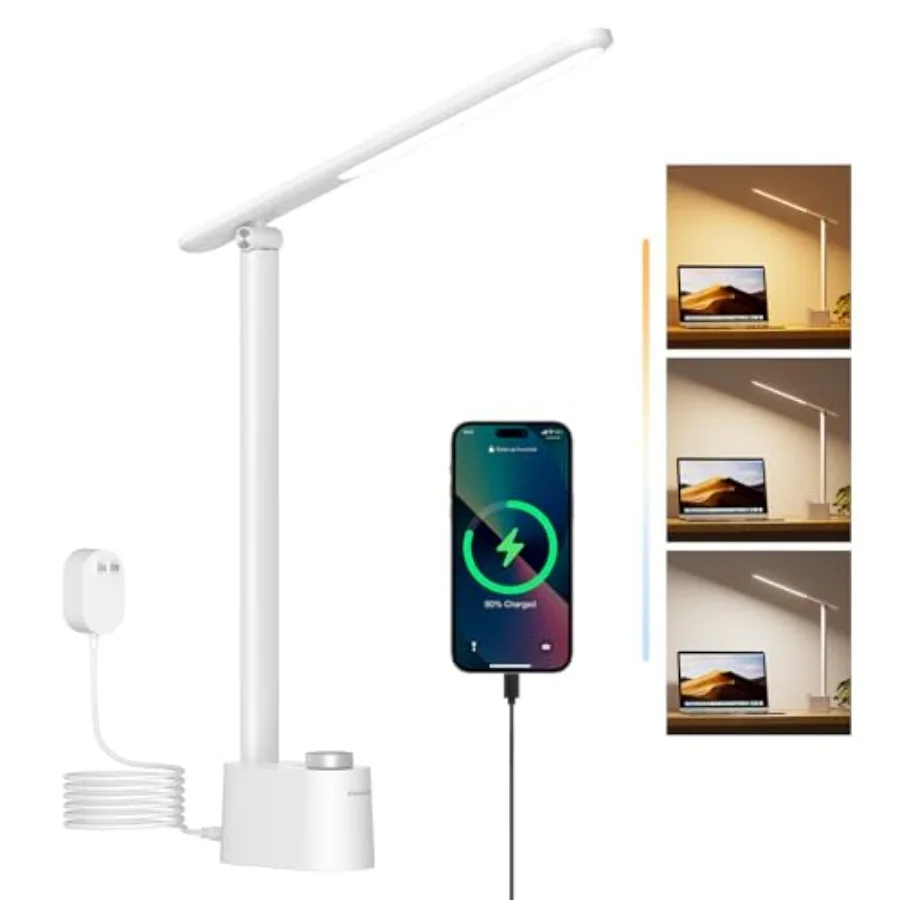 

LED Desk Lamp - Sunturalux Desk Lamps for Home Office with USB A+C Charging Ports 3 Color Modes Stepless Dimmable Eye-Caring Fo