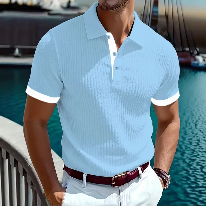Men's Contrasting Colors Polo shirt Casual Turn-down Collar Short-sleeved T-shirt Classic Knitted Stripped Golf Shirt Top MY1156