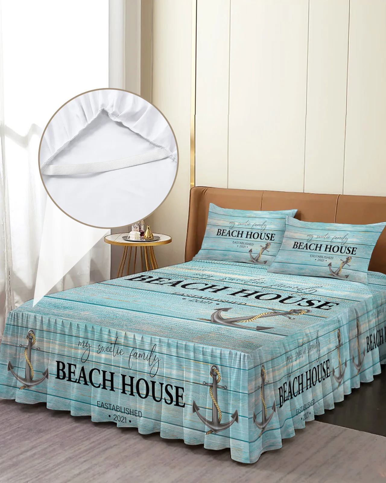 Wood Grain Anchor Beach House Bed Skirt Elastic Fitted Bedspread With Pillowcases Mattress Cover Bedding Set Bed Sheet