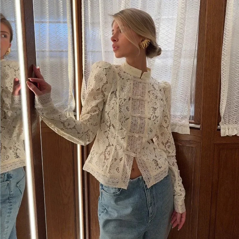 

Elegant Embroidery Puff Sleeve White Shirts Summer Sexy Hollow Out Lace Blouse Casual Sand Collar Top 2025 Vintage Shirts
