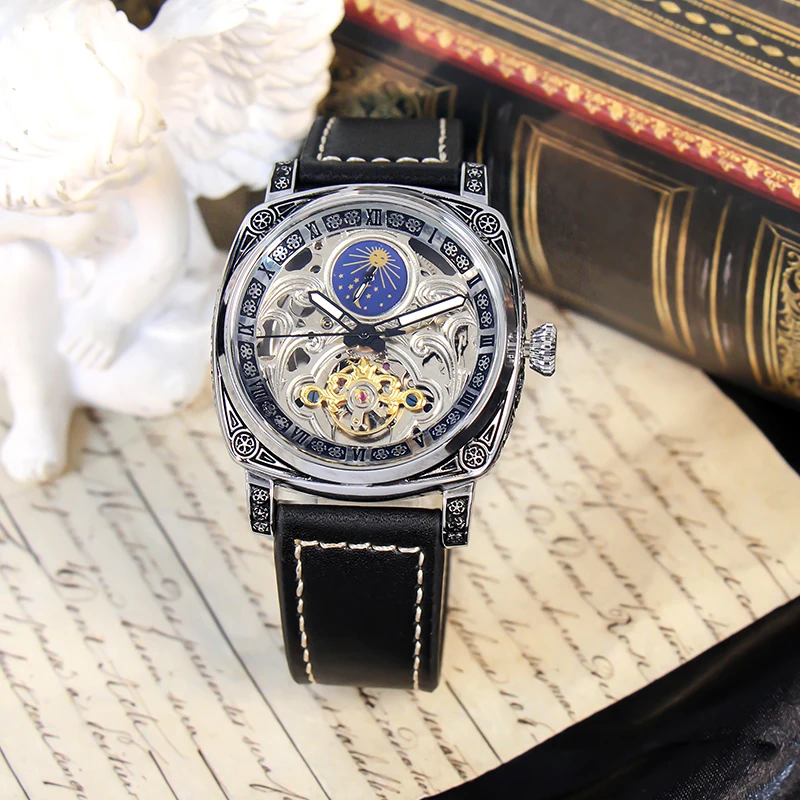 

Мужской черный кожаный ремень, стильные элегантные резные автоматические механические часы с фазой луны.