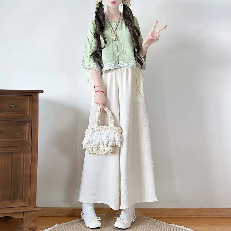 New Chinese Style Hanfu Set - Women's Round-collar Top + Song Dynasty Pants Modified Hanfu Dress Woman