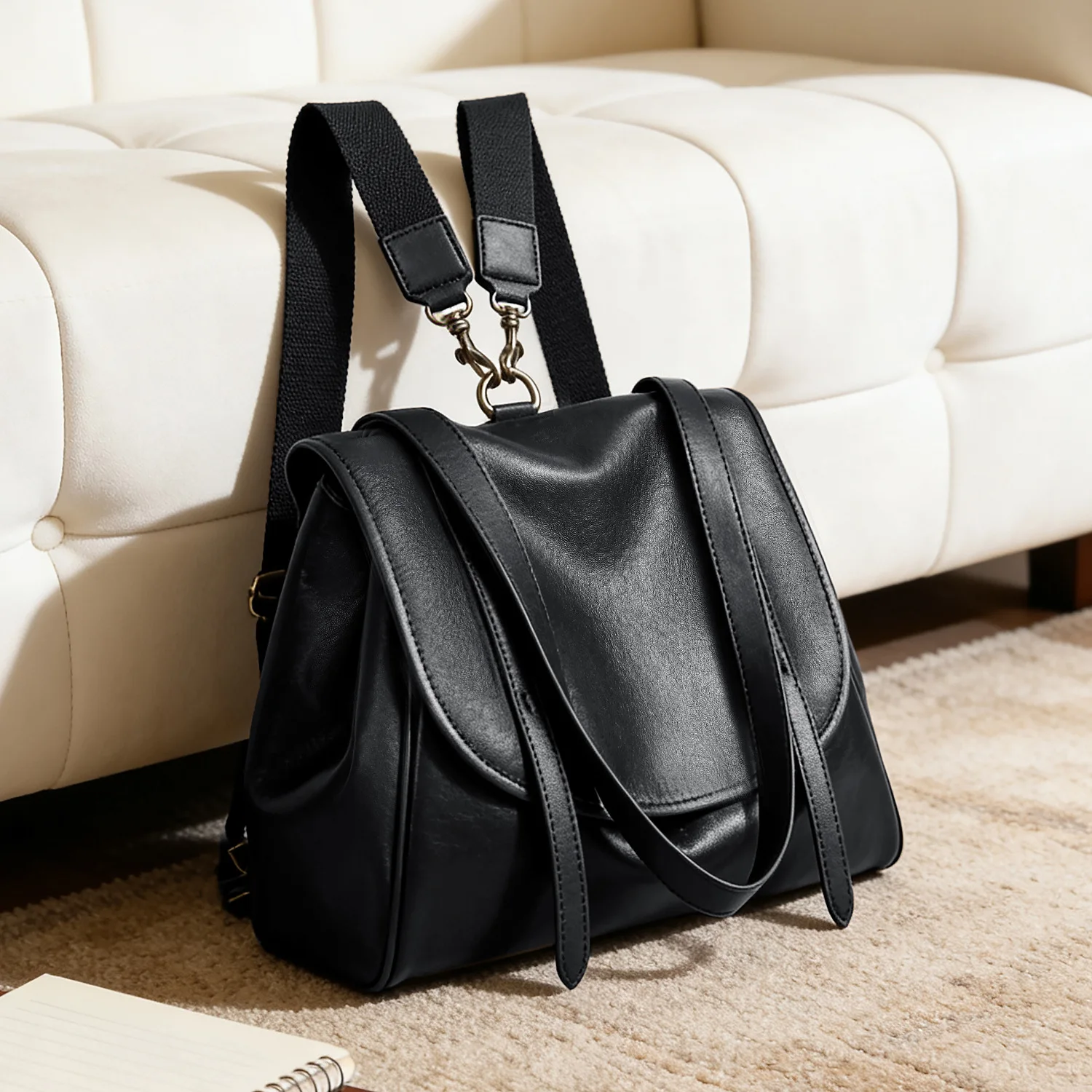 

Leather Large Capacity Retro Double-shoulder Bag, Soft Leather Fashionable Backpack, Academic Style Travel Single-shoulder Bag
