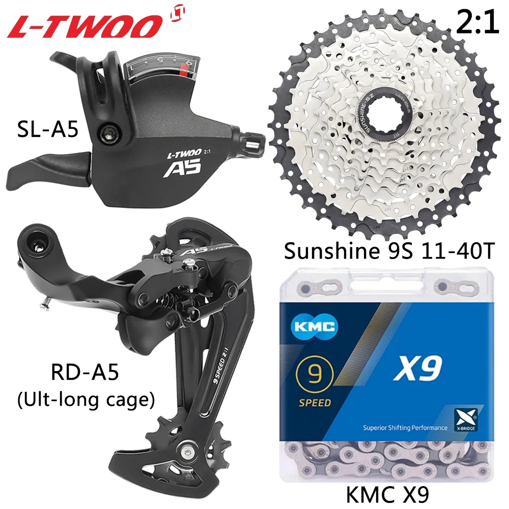 LTWOO A5 9 Speed MTB Bike Derailleur Shift Lever Ult-long Cage Rear Derailleur Sunshine 11-36/40/42/46/50T Cassette KMC X9 Chain