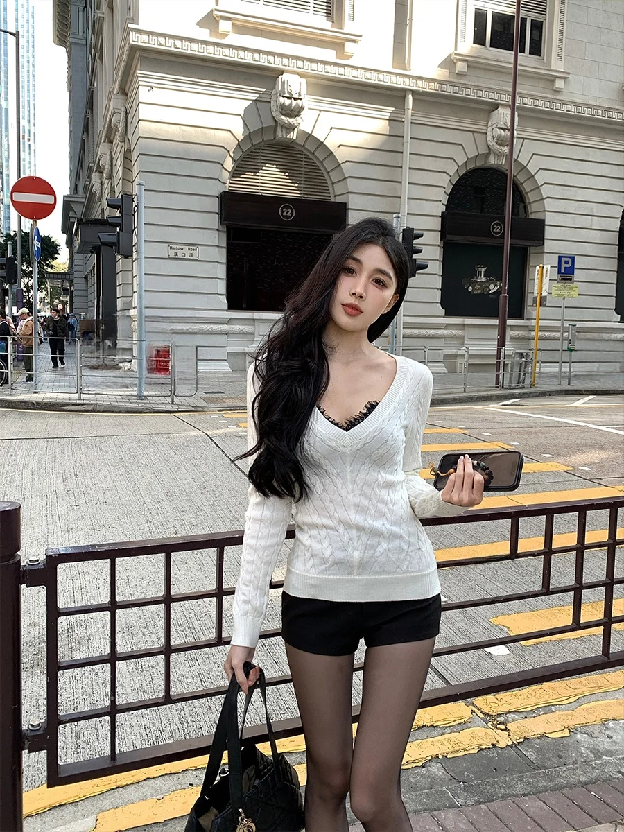 

Chenxi He Pure Desire Твидовый трикотаж с v-образным вырезом, женский длинный топ свека, универсальный весенний облегающий вязаный свитер для поездок на работу