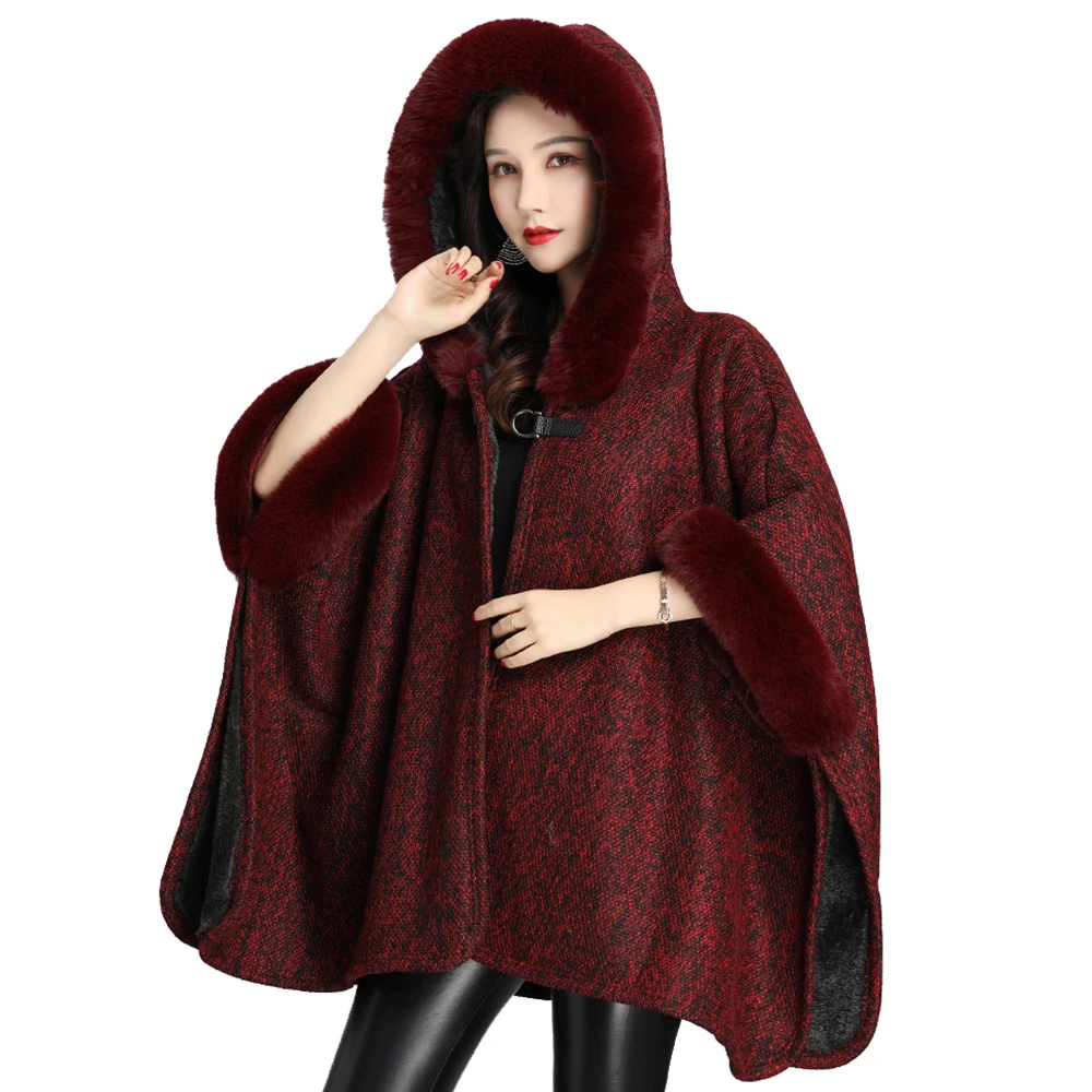 

Hooded Cloak Cape Winter Faux Fur Coats Warm Thick Luxury Loose Casual Women Oversize Streetwear Fur Wrap Jacket Khaki Gray Red